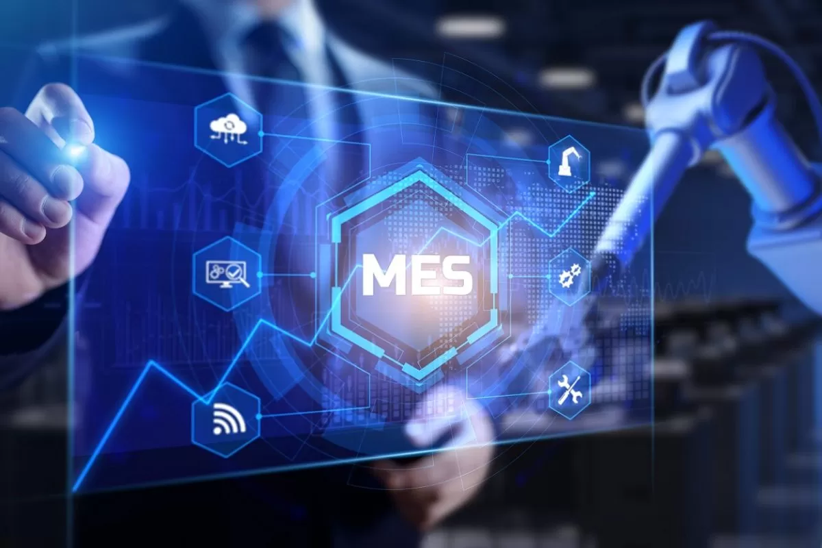 MES Manufacturing execution system. Business industrial technology concept. Cobot 3d render.